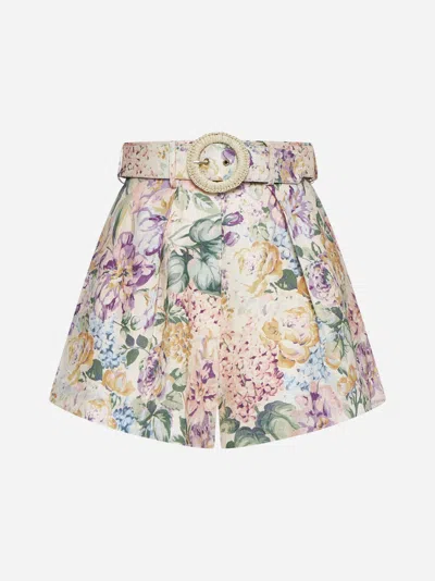 Shop Zimmermann Halliday Print Linen Tuck Shorts In Multi Watercolour Floral