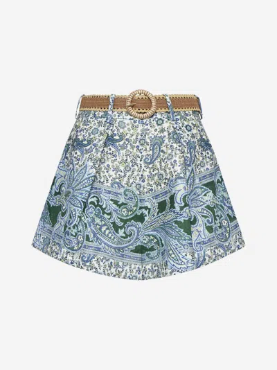 Shop Zimmermann Ottie Print Linen Tuck Shorts In Green Paisley