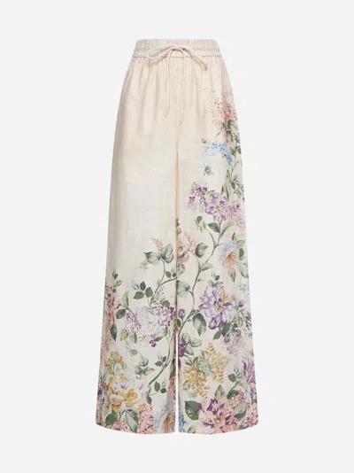 Shop Zimmermann Halliday Print Linen Trousers In Cream Watercolour Floral