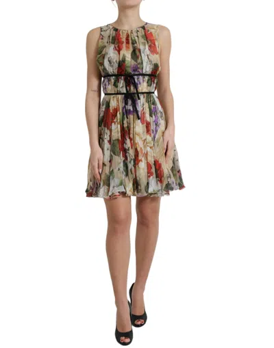 Dolce & Gabbana Floral Elegance Silk Chiffon Mini Dress In Beige