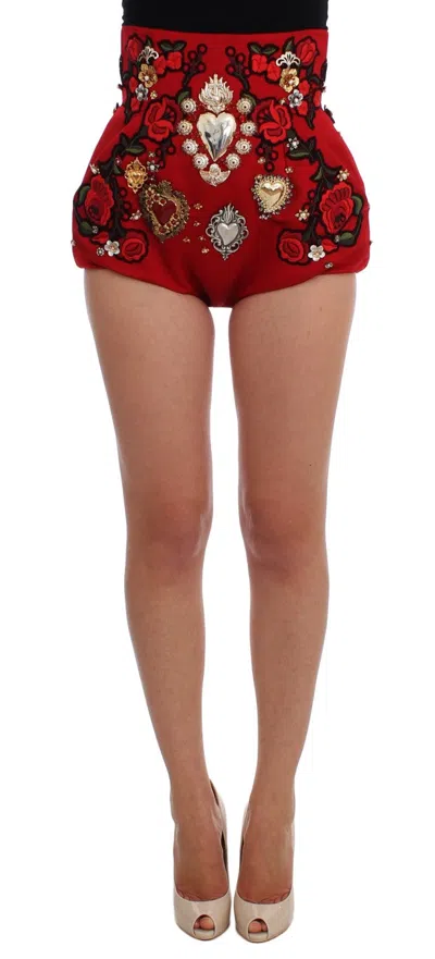 Dolce & Gabbana Red Silk Crystal-embellished Mini Shorts In Red