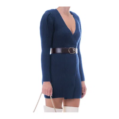 Shop Elisabetta Franchi Elegant Long-sleeved Knit Dress With Belt In Blue