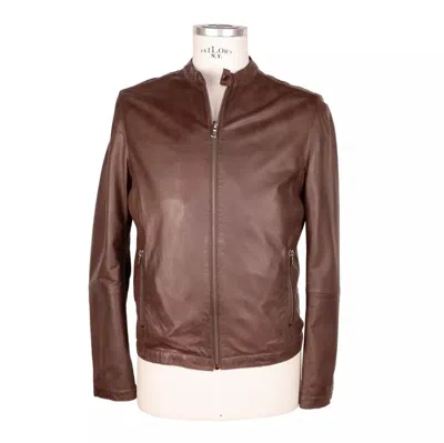Emilio Romanelli Elegant Brown Leather Jacket With Snap Collar In Brown