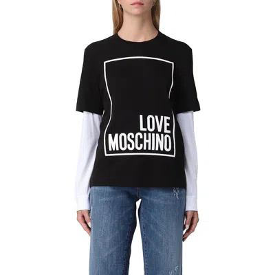 Shop Love Moschino Elegant Black Cotton Tee With Faux-leather Logo