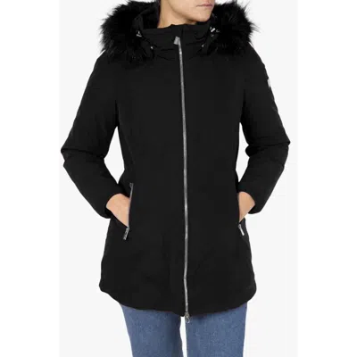 Shop Yes Zee Chic Hooded Down Jacket With Fur Detail In Black