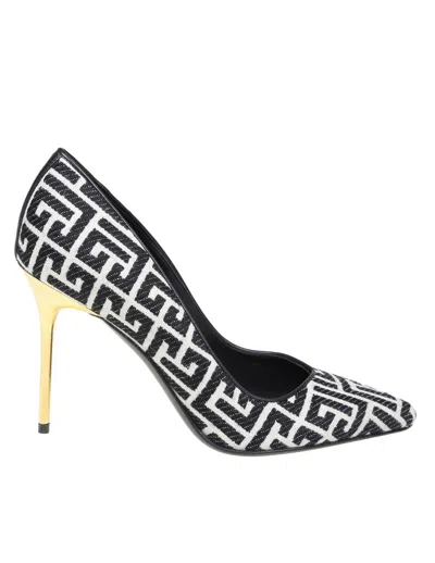 Shop Balmain Pumps In Monogram Fabric In Ivoire/noir