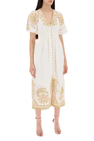 Shop Zimmermann "waverly Embroidered Linen Dress" In Bianco