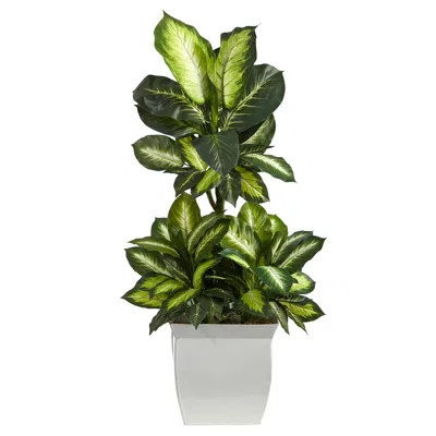 Homplanti Golden Dieffenbachia Artificial Plant In White Metal Planter 46"