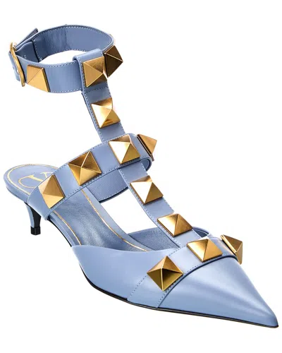 Shop Valentino Roman Stud 40 Leather Ankle Strap Pump In Blue