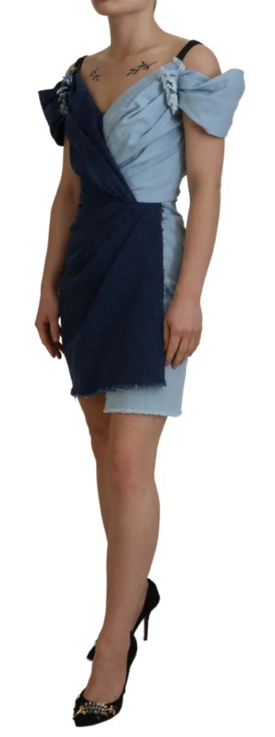 Dolce & Gabbana Blue Patchwork Two Tone Denim Mini Dress In Blue