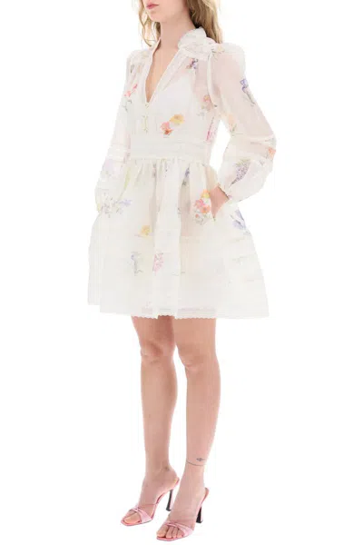 Shop Zimmermann "mini Nature Floral Organza Dress" In Bianco