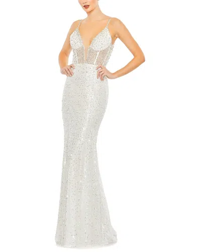 Shop Mac Duggal Embellished Plunge Neck Sleeveless Trumpet Gown In White