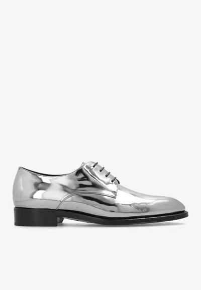 Shop Saint Laurent Adrien Metallic Leather Derby Shoes In Silver