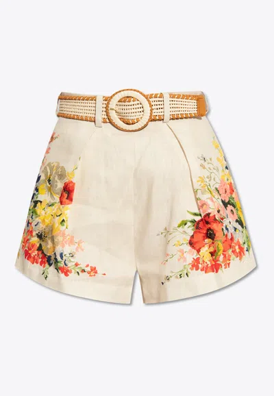Shop Zimmermann Alight Floral Print Shorts In Cream