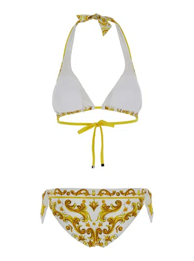 Shop Dolce & Gabbana Yellow Bikini With Majolica Print In Stretch Fabric Woman