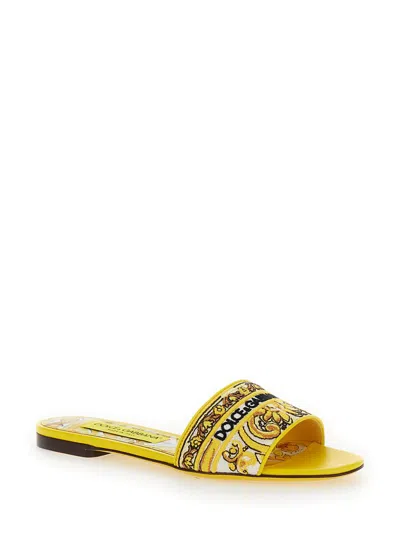 Shop Dolce & Gabbana Yellow Sliders With Embroidered Majolica Pattern In Cotton And Leather Woman