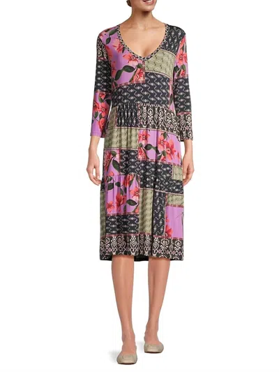 Johnny Was Zanda 3/4 Sleeve Tiered Tea Length Dress In Multi In Multi