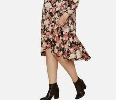 Skies Are Blue Plus Rose Print Ruffle Trim Floral Wrap Midi Dress In Black In Black