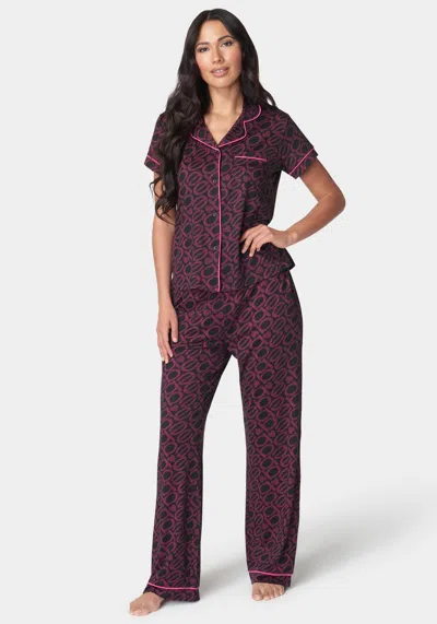 Bebe Printed Notch Collar Pant Set In Black