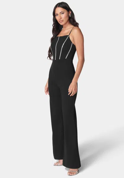 Bebe Embellished Corset Jumpsuit In Black,silver