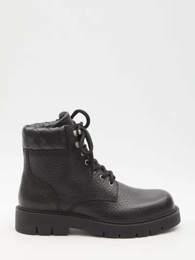 Bottega Veneta Black Grained Calf Leather Haddock Lace Up Ankle Boots In Black