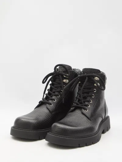 Bottega Veneta Black Grained Calf Leather Haddock Lace Up Ankle Boots In Black