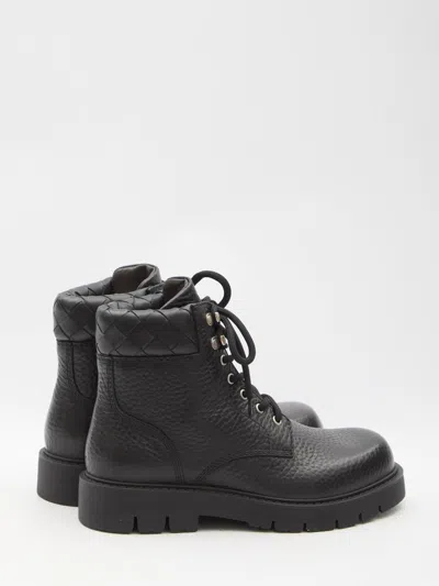 Bottega Veneta Black Grained Calf Leather Haddock Lace Up Ankle Boots In Black