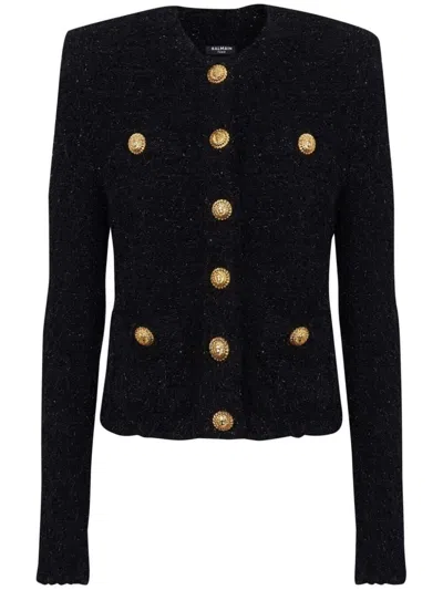 Balmain Collarless Four-pocket Tweed Jacket In Black