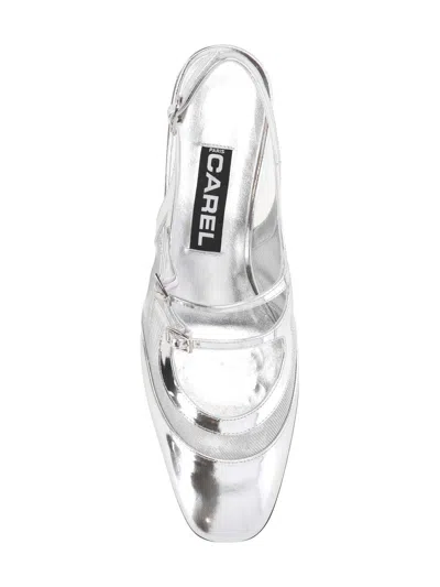 Carel Block Heel Pointed Toe Metallic Sling Back In Nappa Platine