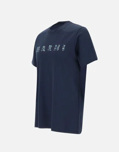 Shop Marni Midnight Blue Floral Logo T Shirt