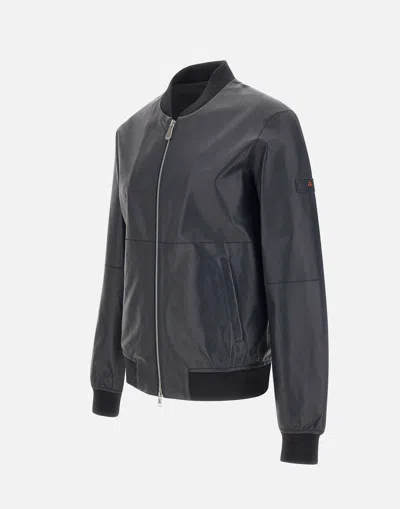 Shop Peuterey Leather Acc Biker Jacket, Blue Slim Fit