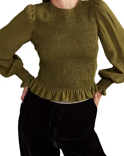 Shop Boden Crew Neck Smocked Bodice Top In Green