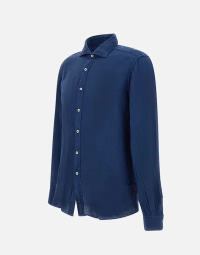 Shop Fay Blue Linen Shirt With Mother Of Pearl Button Closure