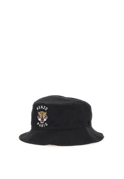 Shop Kenzo Paris Black Bucket Cotton Hat With Tiger Logo