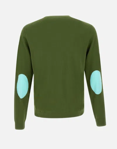 Shop Sun68 Round Elbow Olive Green Cotton Sweater With Aqua Patches