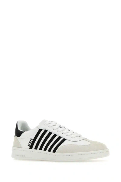 Dsquared2 White And Black Low Top Sneakers With Contrasting Bands In Leather Man In White
