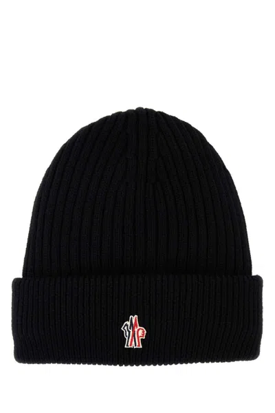 Moncler Grenoble Black Ribbed Beanie With Logo Patch In Wool Man In Black