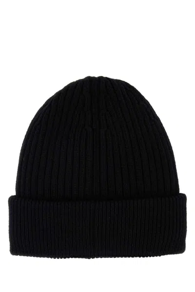 Moncler Grenoble Black Ribbed Beanie With Logo Patch In Wool Man In Black
