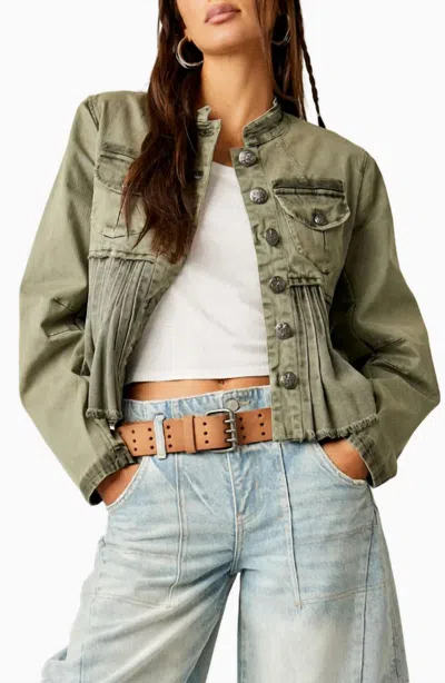 Shop Free People Cassidy Pleated Stretch Cotton Button-up Jacket In Military In Green