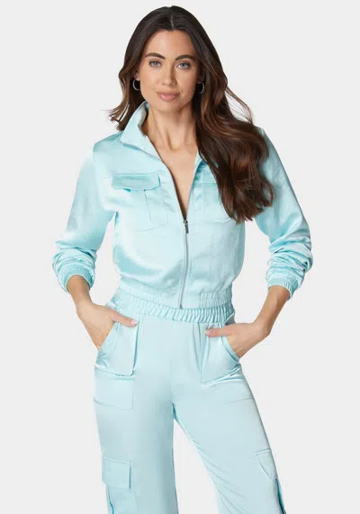 Bebe Laundered Satin Front Patch Pocket Bomber Jacket In Spa Blue