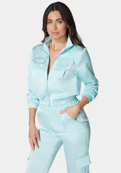 Bebe Laundered Satin Front Patch Pocket Bomber Jacket In Spa Blue
