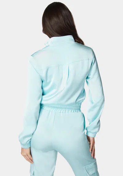Bebe Laundered Satin Front Patch Pocket Bomber Jacket In Spa Blue