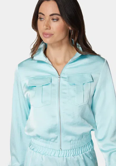 Bebe Laundered Satin Front Patch Pocket Bomber Jacket In Spa Blue