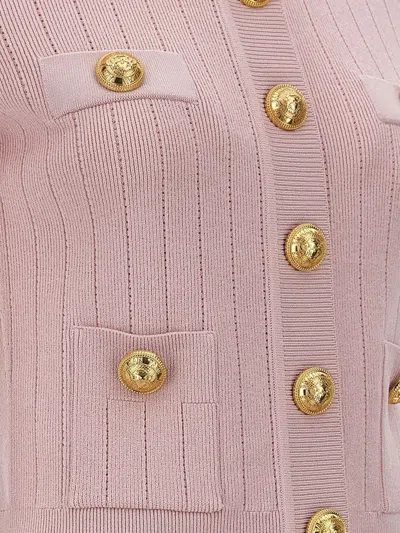 Shop Balmain Logo Button Cardigan In Pink