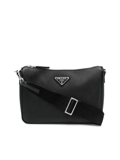 Prada Men's Leather Messenger Bag In Black