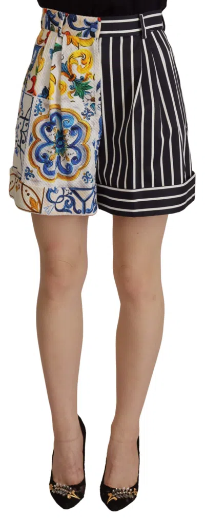 Dolce & Gabbana Majolica High Waist Designer Bermuda Shorts In Multicolor