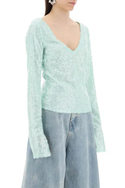 Rotate Birger Christensen Sequin-covered Crop Top In Green