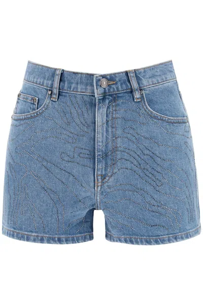 Shop Rotate Birger Christensen Rotate Denim Shorts With Rhinestone In Blue