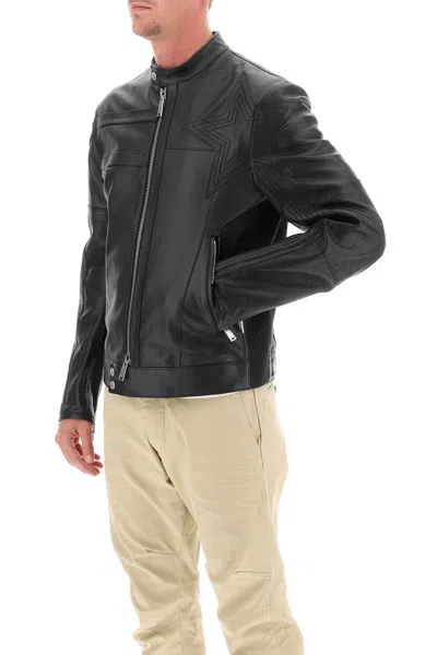 Shop Dsquared2 Leather Biker Jacket With Contrasting Lettering Men In Black