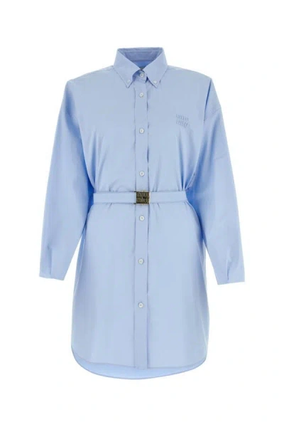 Shop Miu Miu Woman Light Blue Poplin Shirt Dress